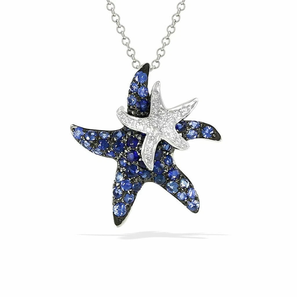 2.00Ct Round Simulated Sapphire & Diamond Starfish Pendant 14K White Gold Plated