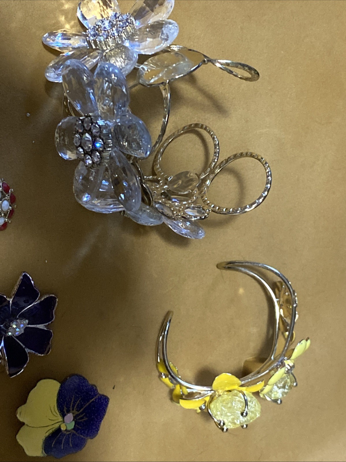 VTG Chunky Flower Cuff Bracelets (2) Metal Enamel Ceramic Flower Brooches Lot