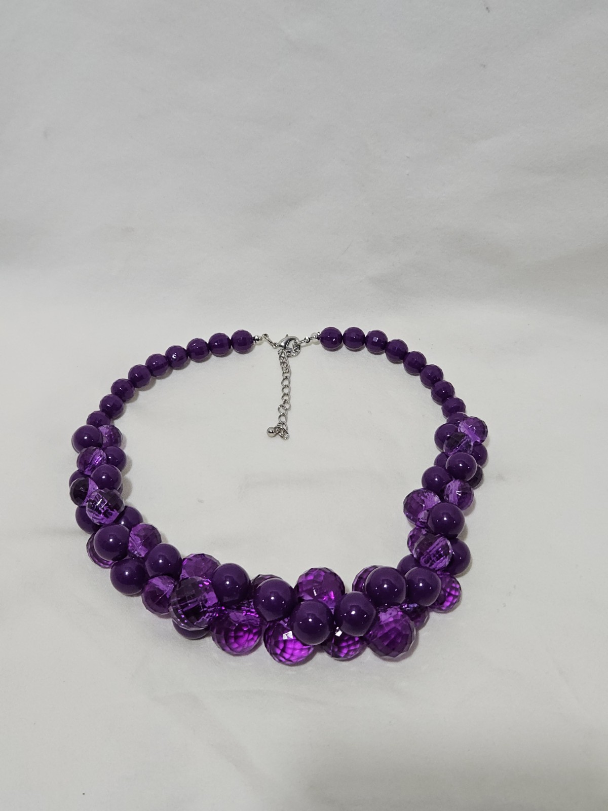 Purple Bauble Necklace Checkerboard Clear Facet and Opaque Smooth Beads 18-20″