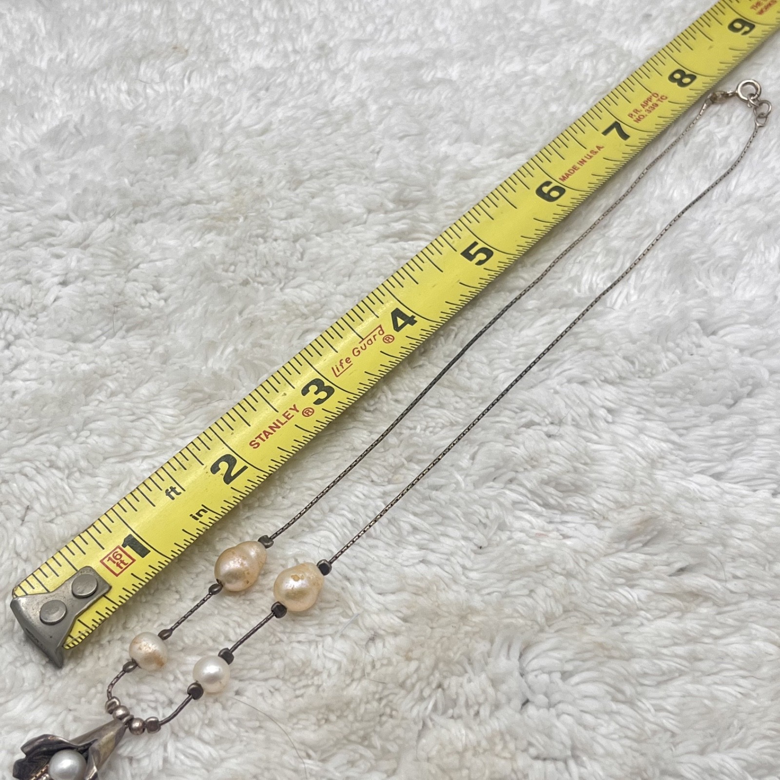 Sterling Silver Flower Necklace Freshwater Pearl Faux Lariat 16″