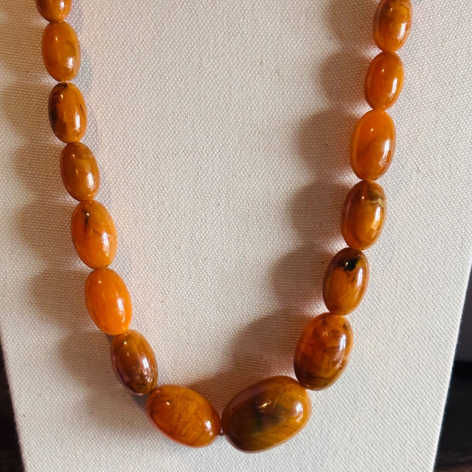 Vintage Faux Amber Graduated Bead Necklace Honey Cognac Marbled Statement 24 In