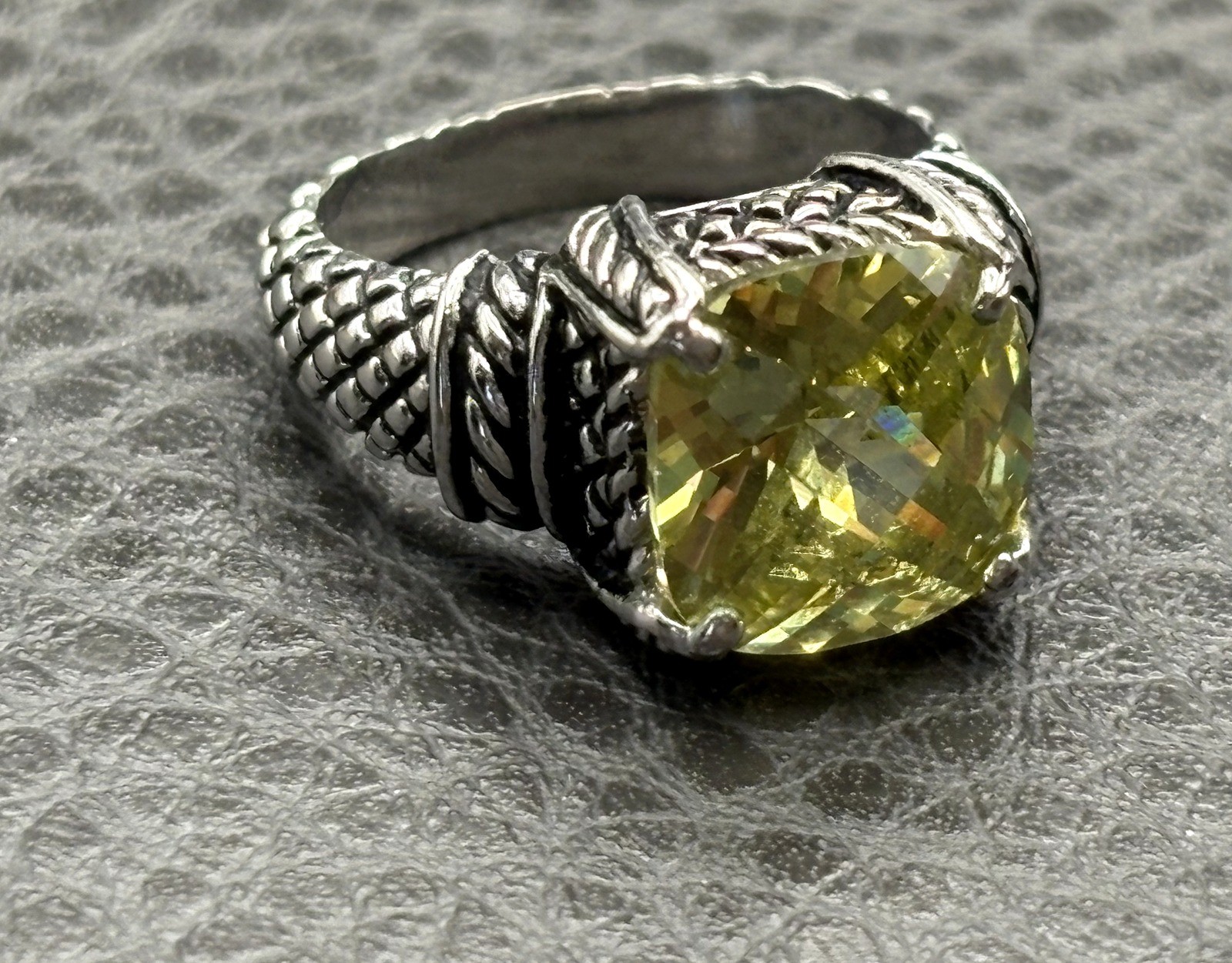 Designer Silver Tone Yellow CZ Faux Citrine Cushion Cut Ring Cable Woven Band 7