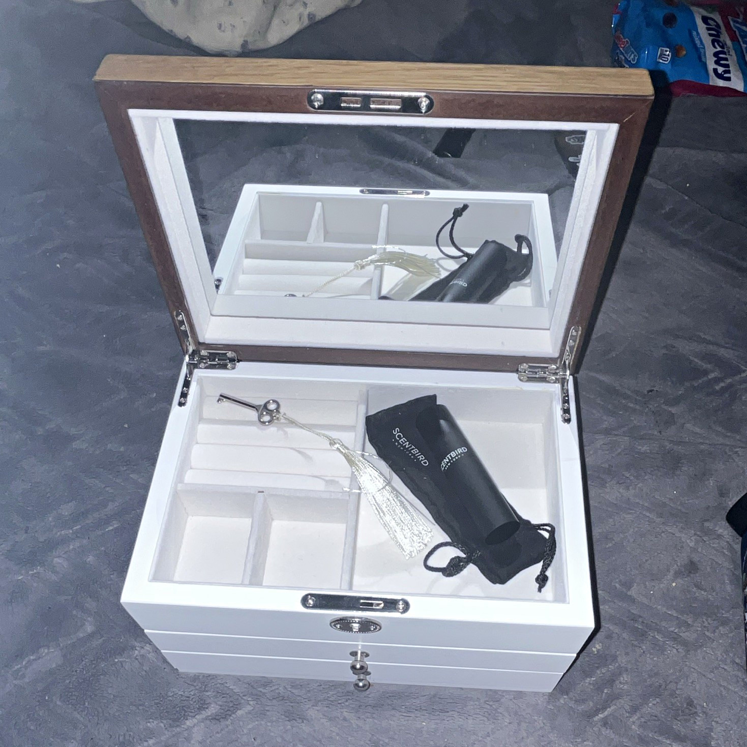 White Brown Wood Jewelry Box w/ Mirror, Key, Soft Lining, w/Scentbird Oil Case