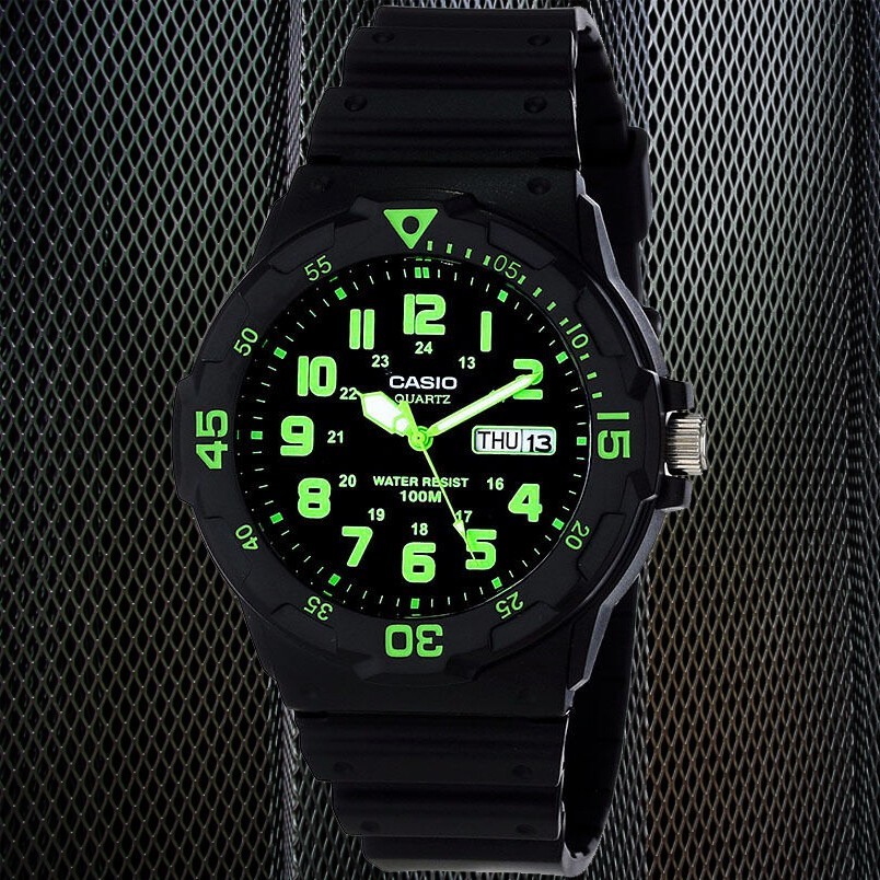 Casio MRW-200H-3BV Analog Watch 100M WR Day Date Green Dial Sport Dive Men