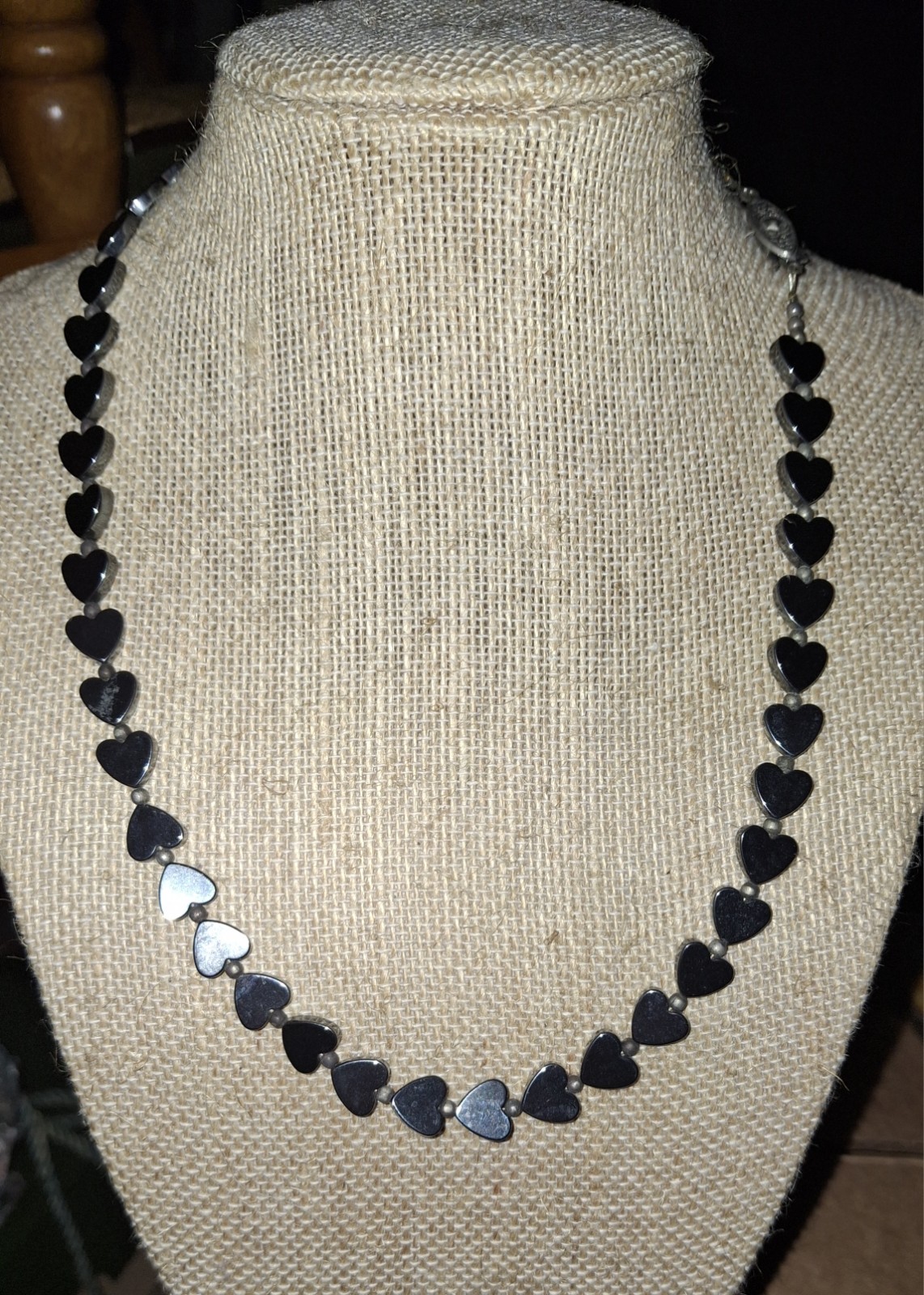 Heart Shaped Hematite Gemstone Bead Necklace Vtg FishHook Clasp