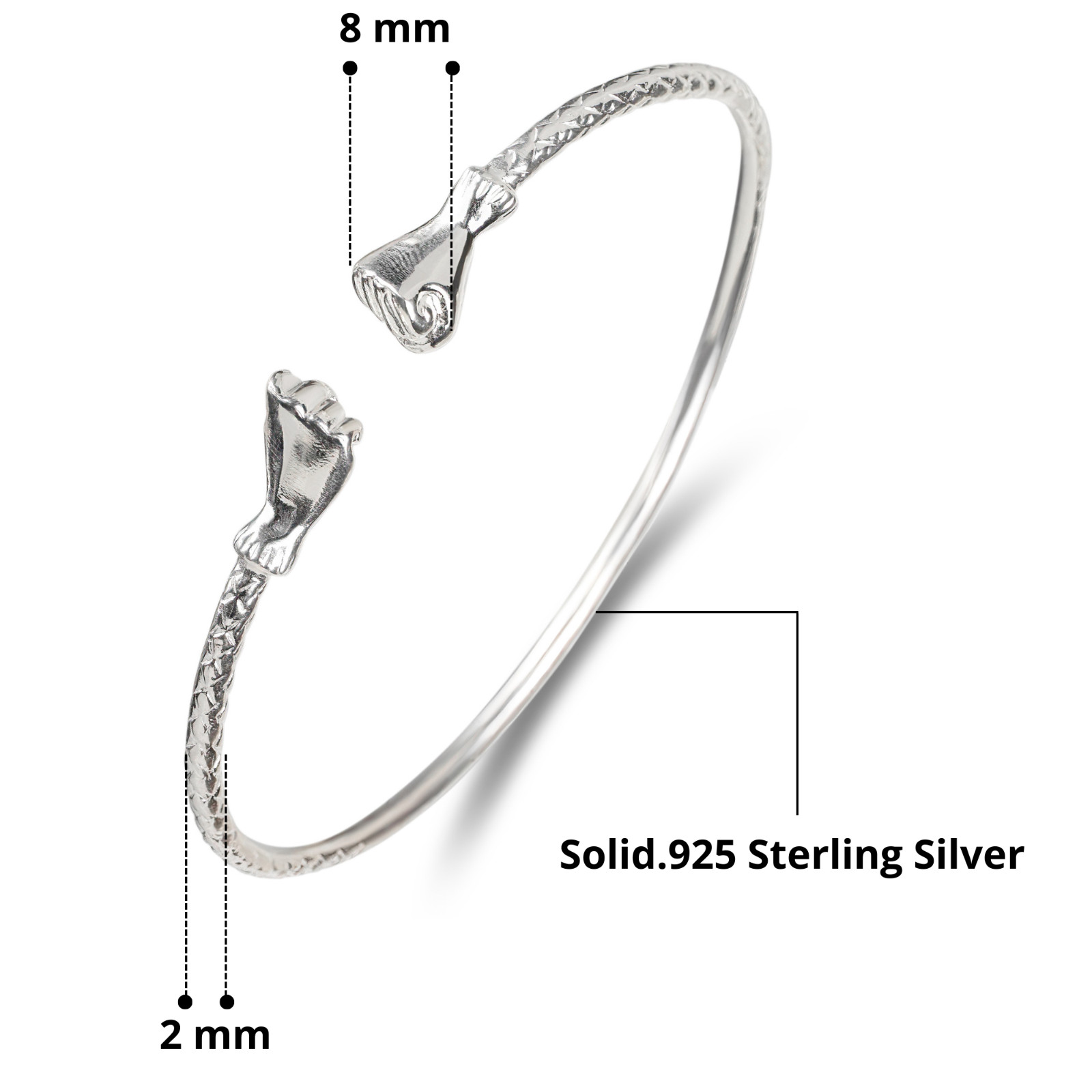 Fist Solid .925 Sterling Silver West Indian Bangles, 1 pair