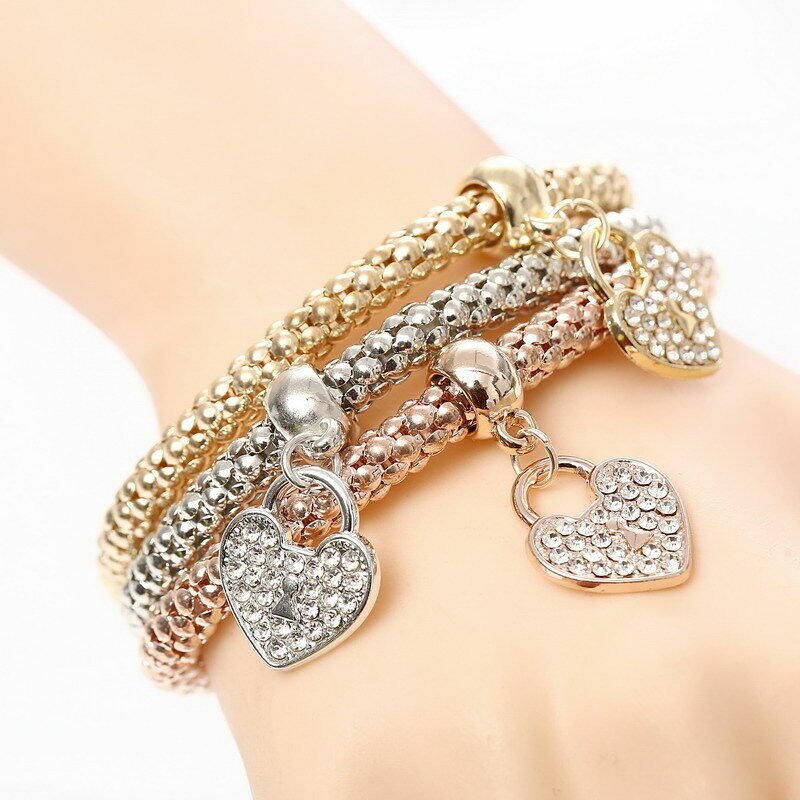 Silver Rose Gold White Topaz Heart Charm New Fashion Bracelet Bangle 3 in 1 Set