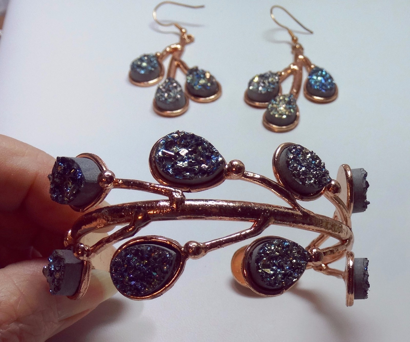 ONE of a KIND Blue Druzy STATEMENT Necklace Earrings & Bracelet Set ROSE GOLD