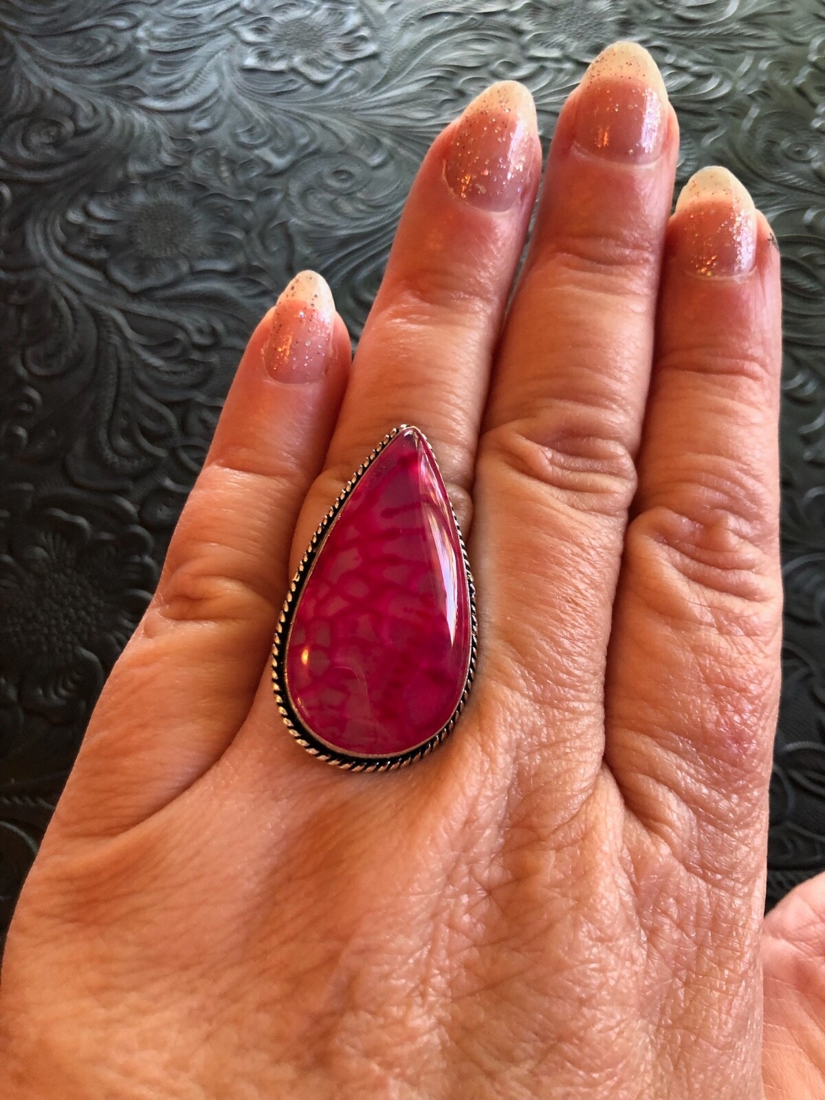 Pink Snake Skin Solar Quartz Ring Size 7 Artisan Made