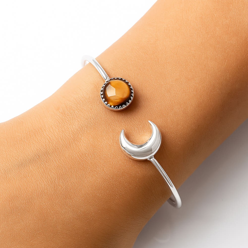 Premium Crescent Moon – Smoky Quartz Cab 925 Silver Cuff Bangle Bracelet B-1046