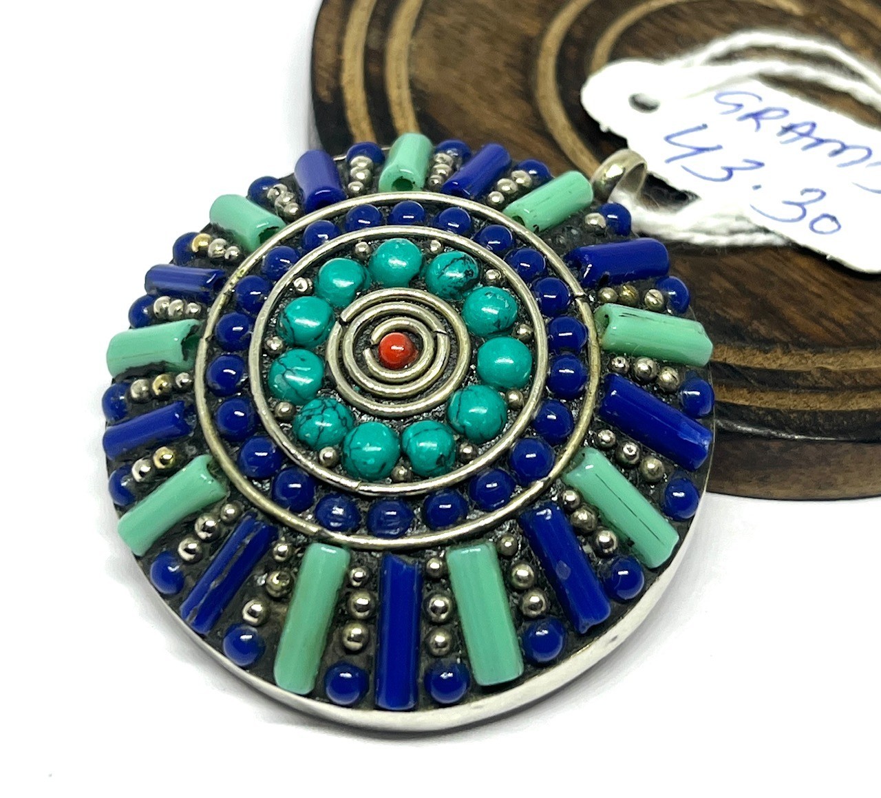 Antique Lapis Turquoise Gemstone Tibetan Statement Pendant Jewelry, 2.0 inch