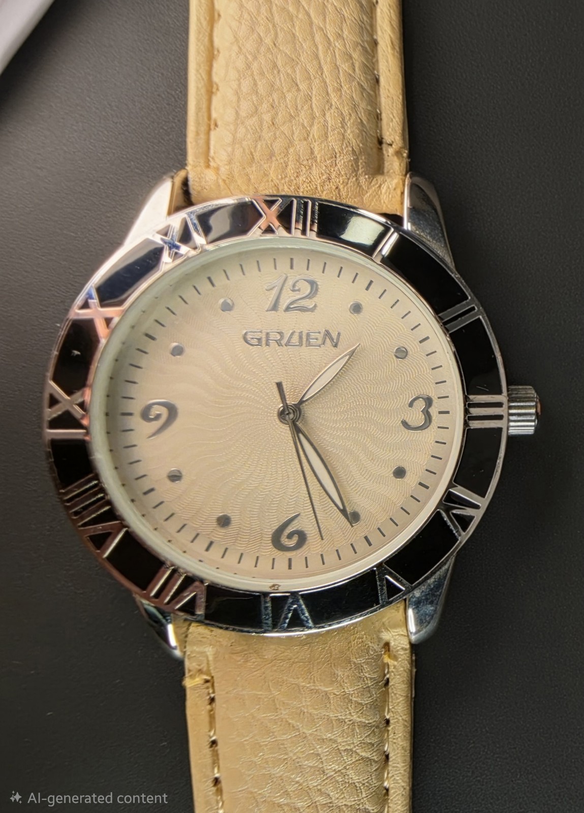 Gruen Quartz Analog Dress Watch Beige Dial Leather Strap Black/Silver Bezel