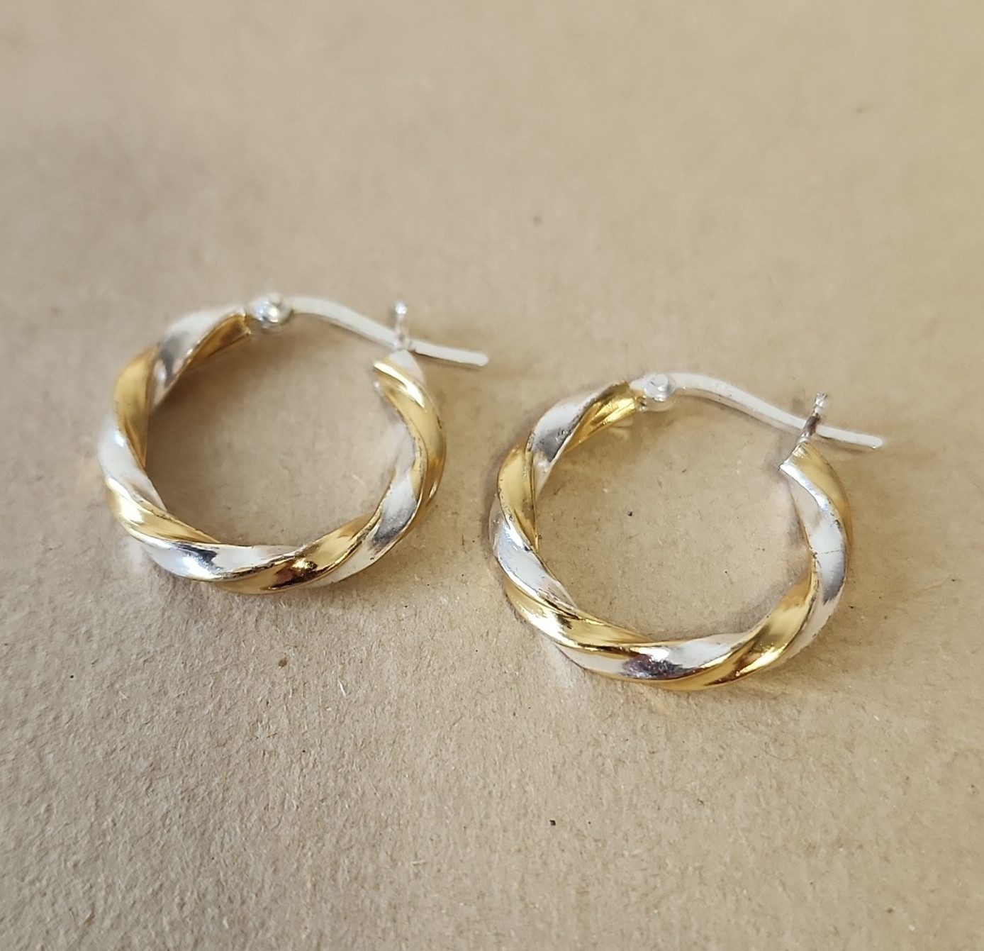 925 Sterling Silver Two-Tone Twisted Round Hoop Earrings, Snap Closure, Signed