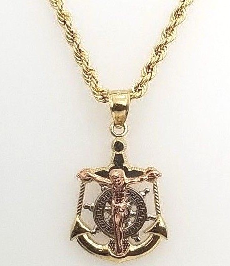 Real 10k Tri Tone Gold Anchor Jesus Cross Wheel Pendant Charm 20″ Rope Chain Set