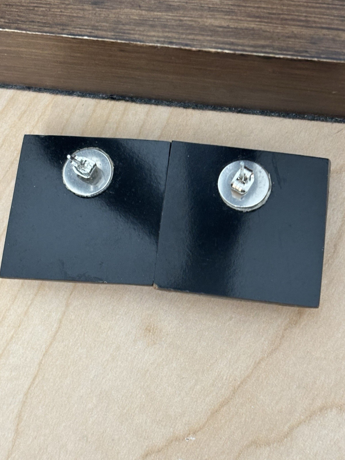 Vintage Square Shape Blue Earrings- Pierced- Measure 1.25 X 1.25 In- Silver Tone