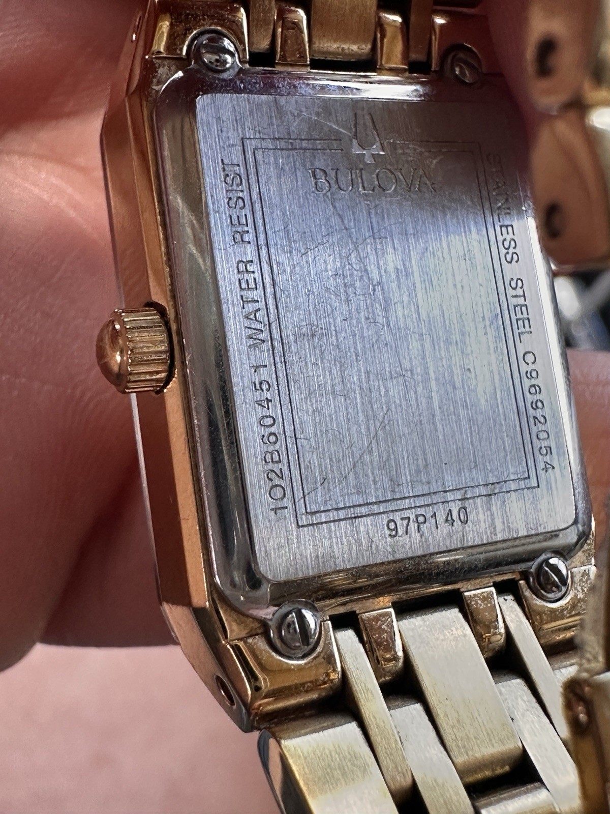 Bulova Quadra Diamond Accent Gold Tone Dial Ladies Watch 97P140 Chipped Crystal
