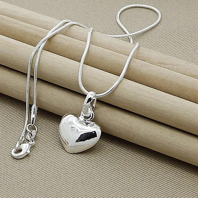 Fine 925 Sterling Silver Solid Heart Necklace 18-24 Inches Snake Chain For Women