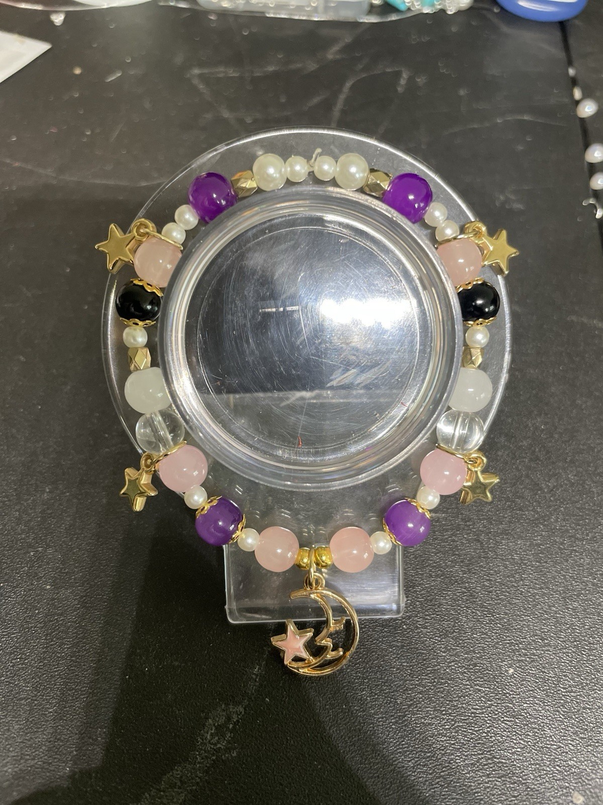 Multicolor Beaded Stretch Charm Bracelet Moon & Star Dangle, Celestial