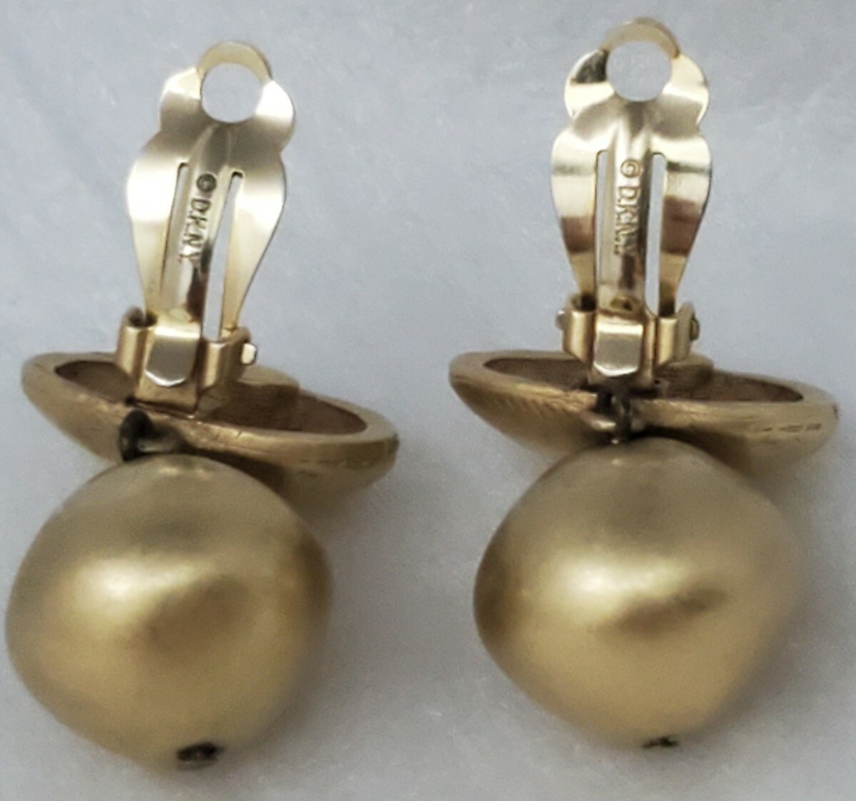 Vintage Donna Karan DKNY Signed Brush Matte Gold Tone Dangle Ball Clip Earrings