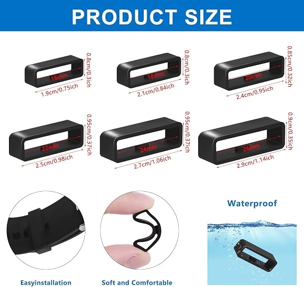 6Pcs Watch Band Keepers, Silicone Strap Holder Loops Retainer 16mm/18mm/20mm/22m