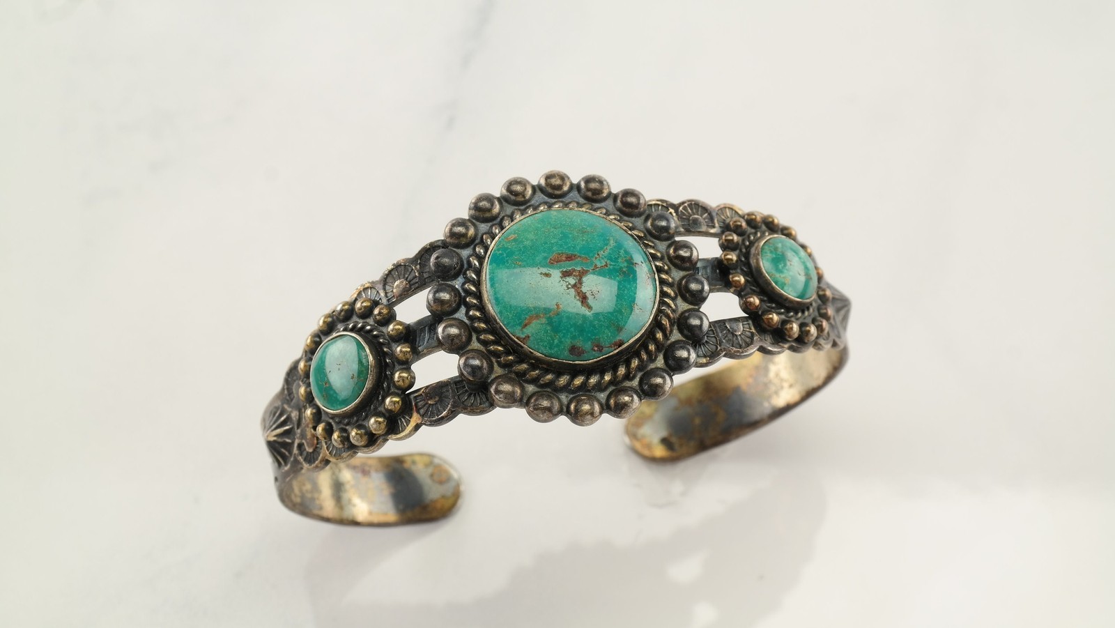 Fred Harvey Era Blue Turquoise Cuff Sterling Silver Bracelet