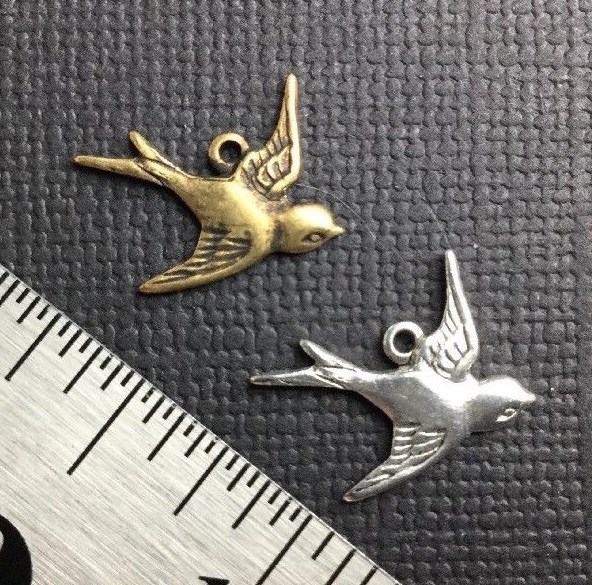 Small Flying Bird Charm Jewelry Finding w/Loop – Silver Ox, Brass Ox 3587
