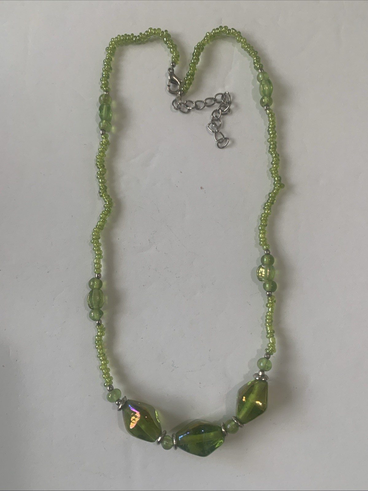 Artisan Green Glass Beaded Necklace Mixed Beads Lampwork Boho N85