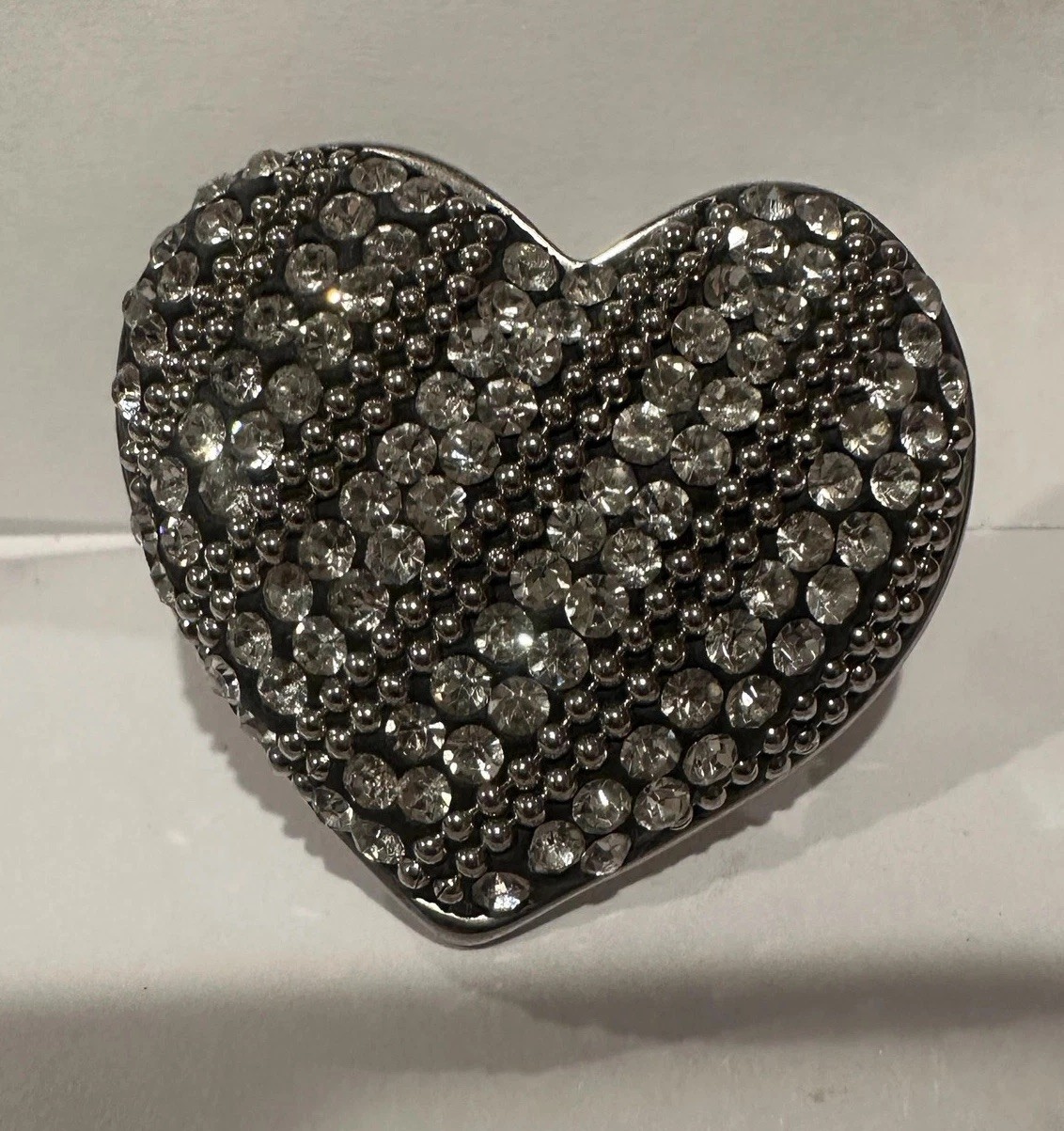 Rhinestone Heart Silver Tone Bling Statement Cocktail Ring Glam Size 8 Stretch