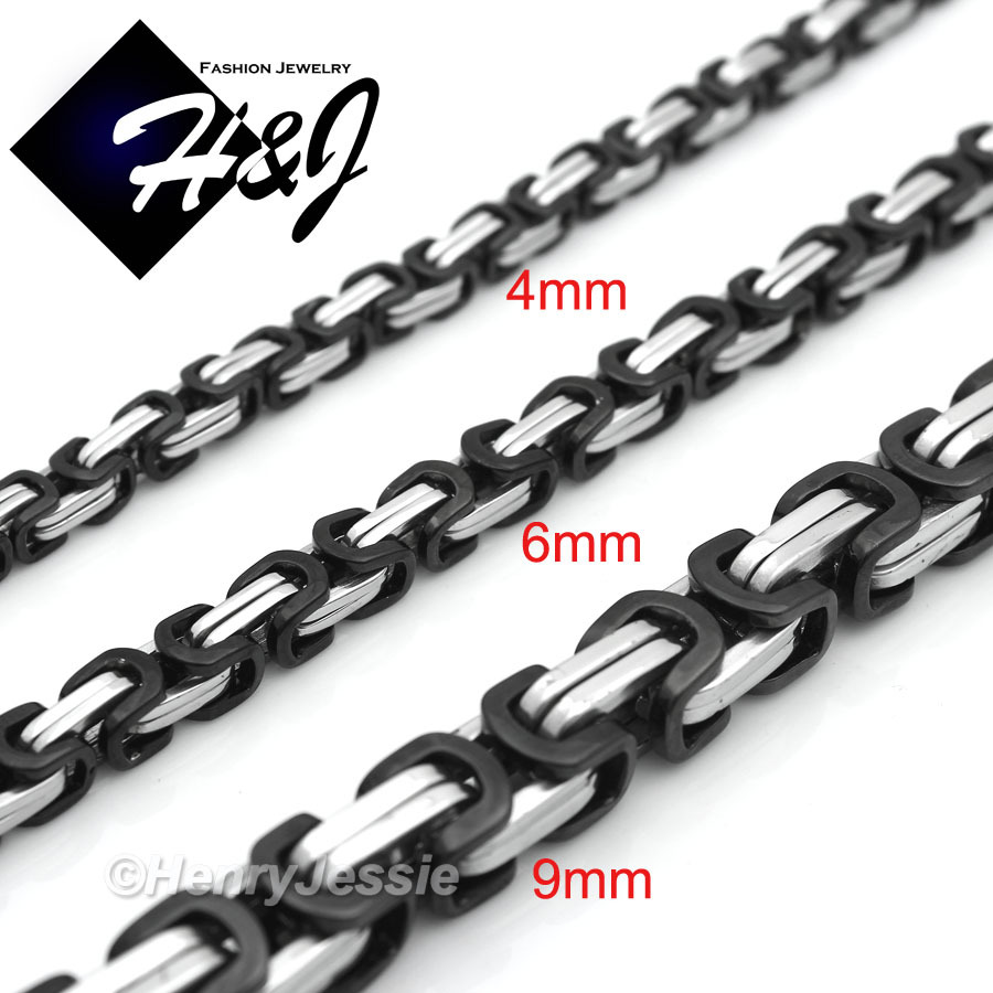18″-40″Stainless Steel 9mm Silver/Black Plated Byzantine Box Necklace Bracelet