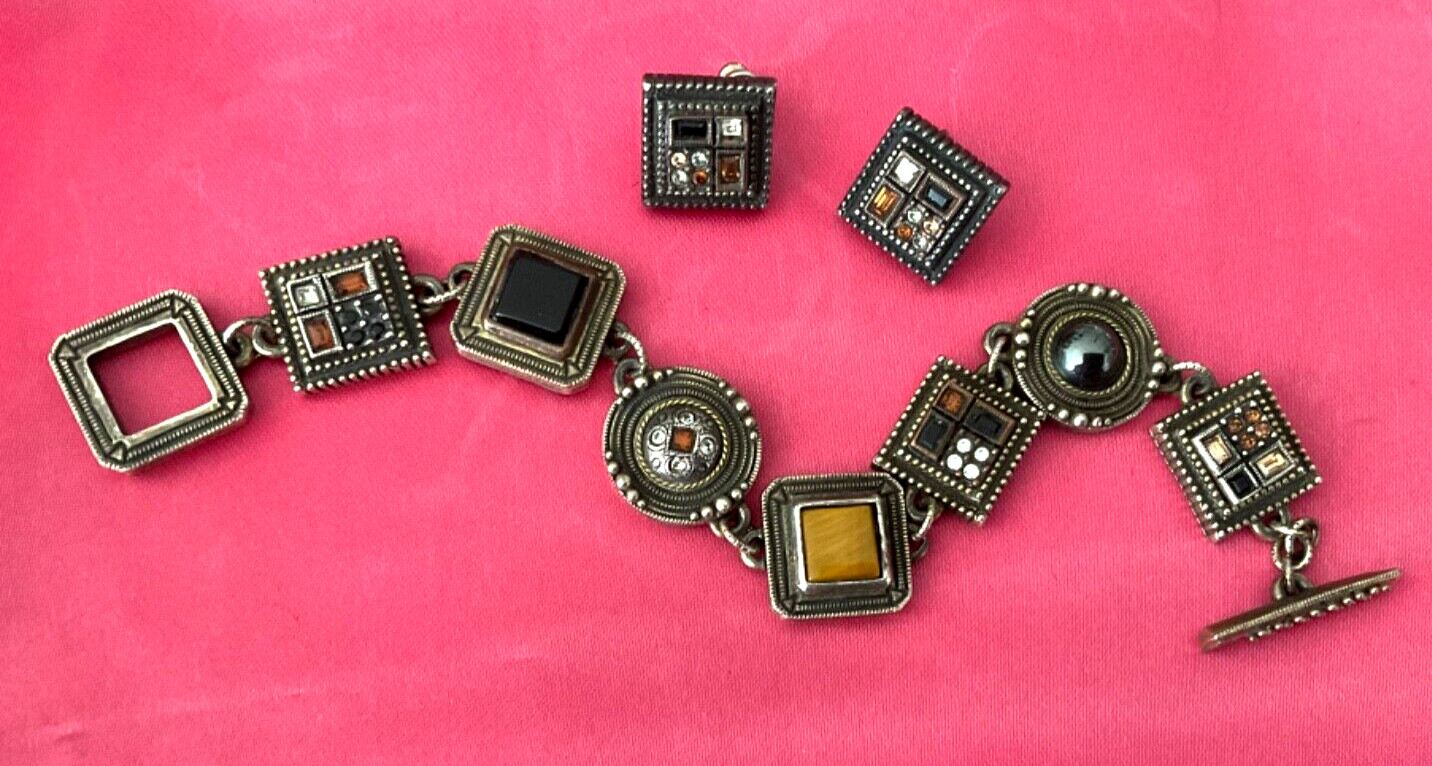 Vtg 80s PATRICIA LOCKE Silver Tone BRACELET & EARRINGS Stones & Crystals
