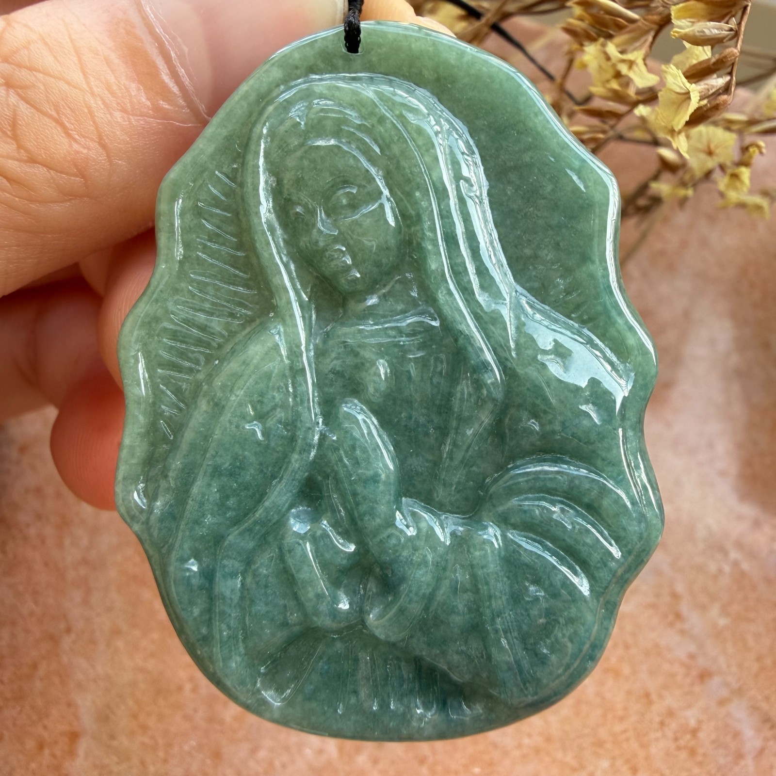 Natural Grade A jadeite green Virgin Mary Plaque Pendant Jade Amulet #50379