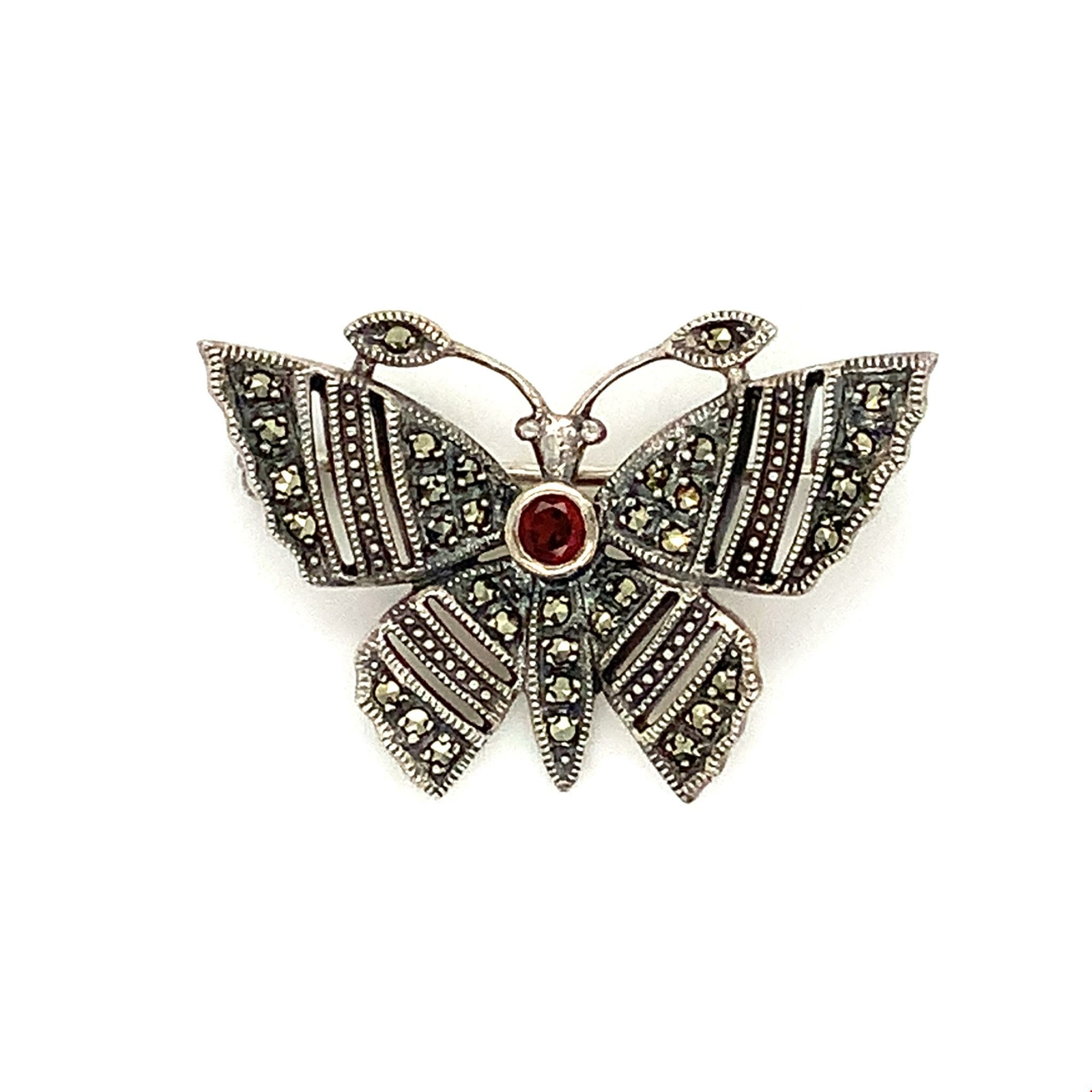 Vintage Sterling Signed ACI Art Deco Bezel Garnet Marcasite Butterfly Brooch Pin
