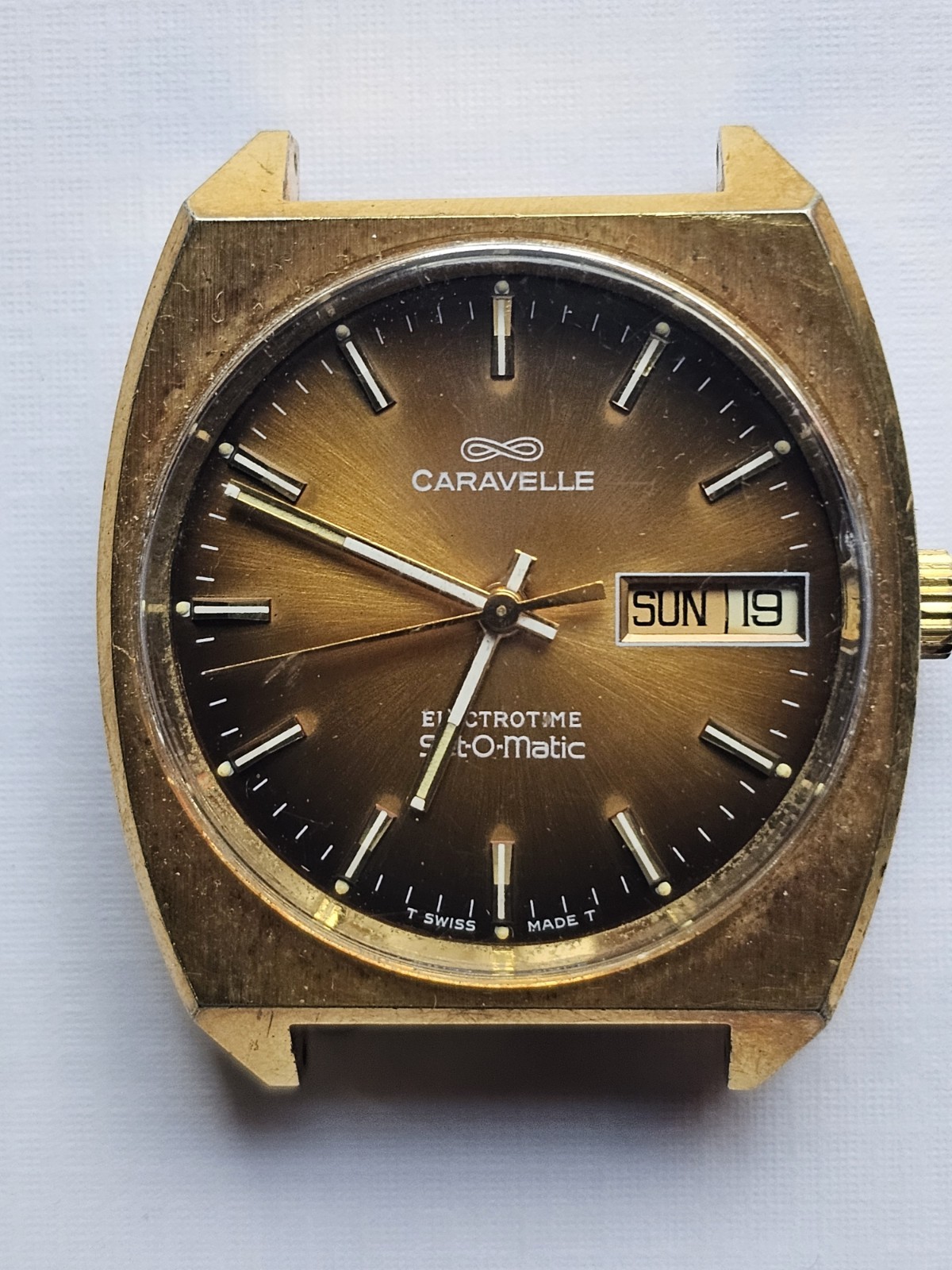 caravelle electronic Set O Matic Gold Electroplated Case Day Date Stainless…