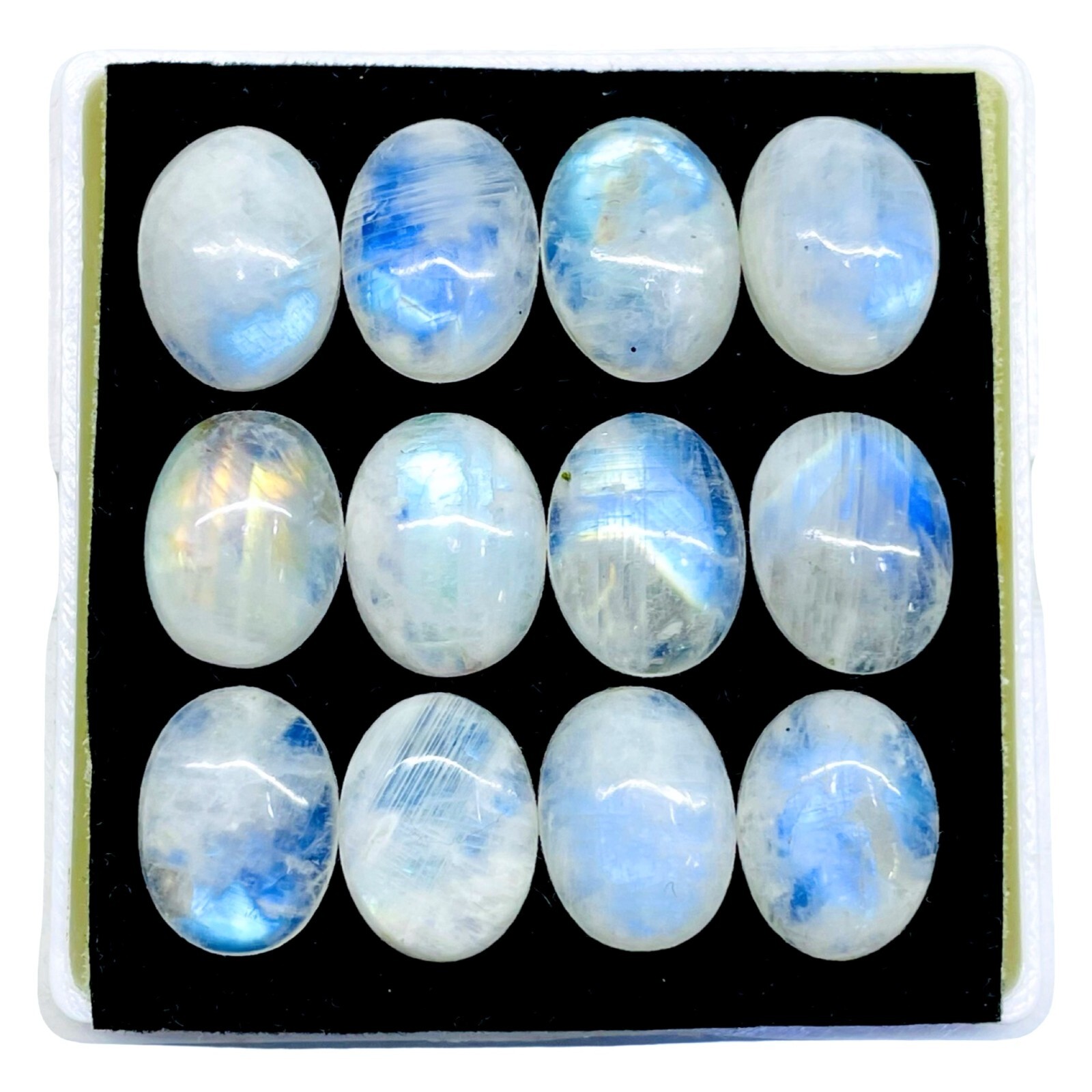 12 Pcs Natural Rainbow Moonstone 16x12mm Oval Blue Shines Cabochon Gemstones Lot