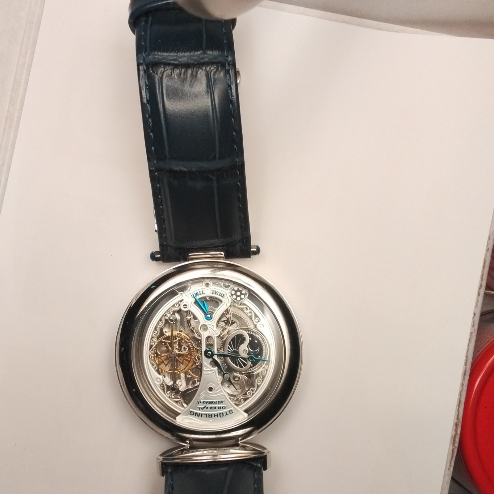 Stuhrling Original Men’s Skeleton Automatic Watch, 42mm Silver Case, Leather