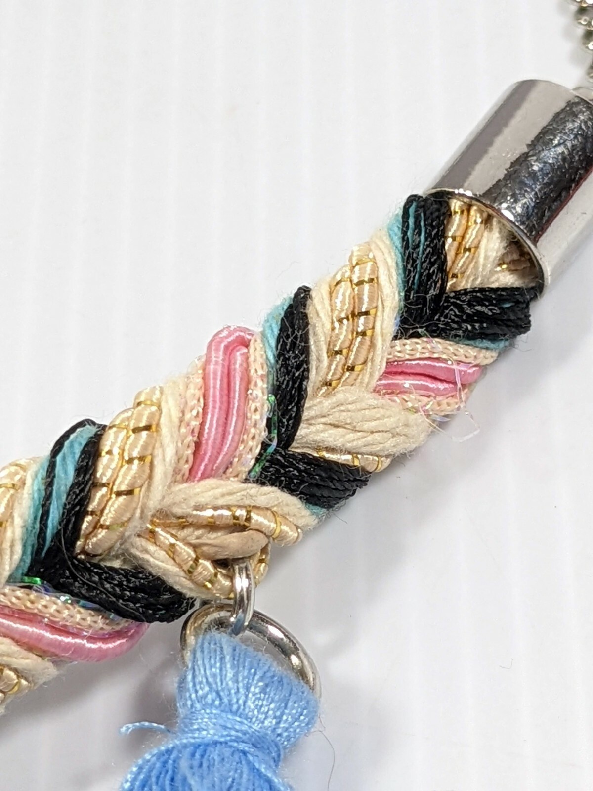 Silver Tone Blue Tassel Black Ivory Pink Braided Cord Necklace 25 inches