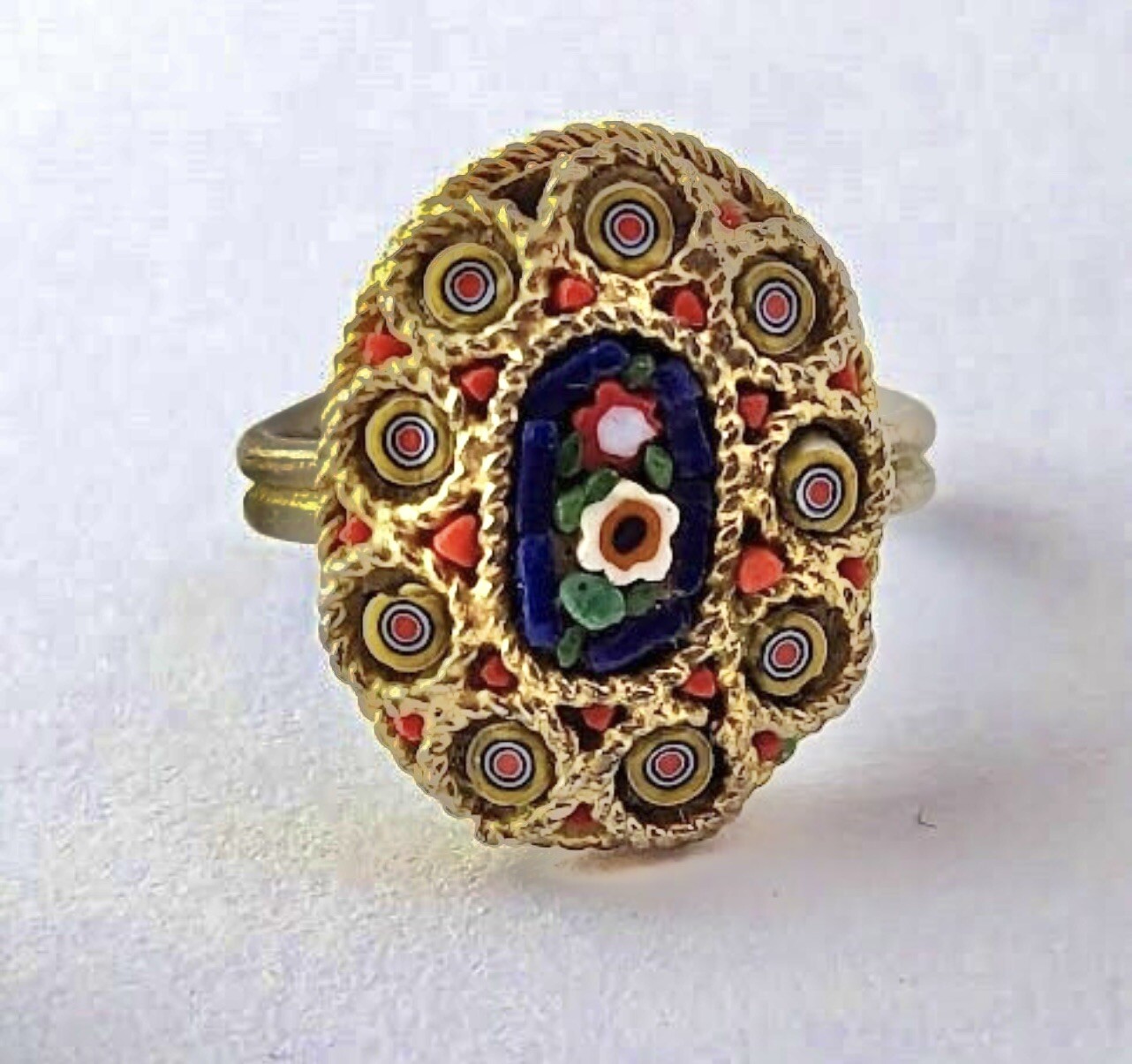 Vintage Pieter Dura Micro Mosaic Oval Goldtone Ring Italy Size 5 Adjustable