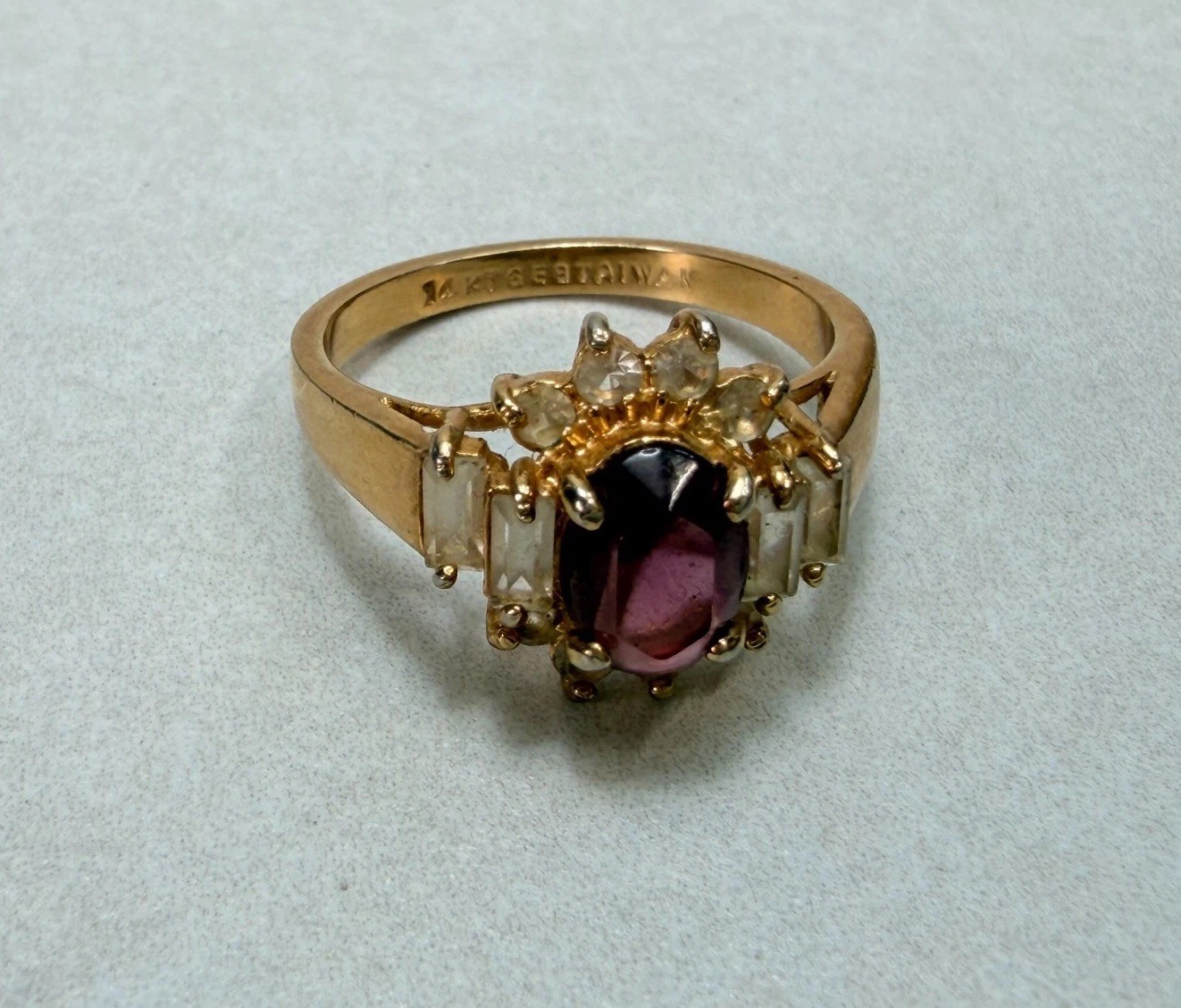 Vintage 14K GE Taiwan Ruby Red CZ Cocktail Ring Baguette Halo Estate Jewelry