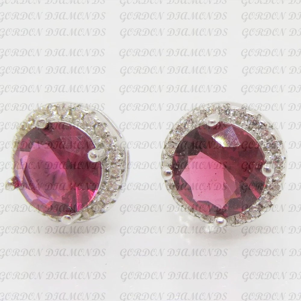 5.60Crt Round Natural Tourmaline Diamond Stud Pair Earring 18K White Gold Plated