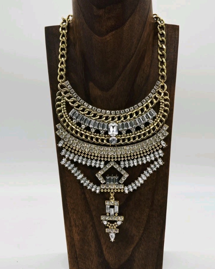Geometric Bib Necklace White Crystal Rhinestone Dangle Gold tone Couture 15 in