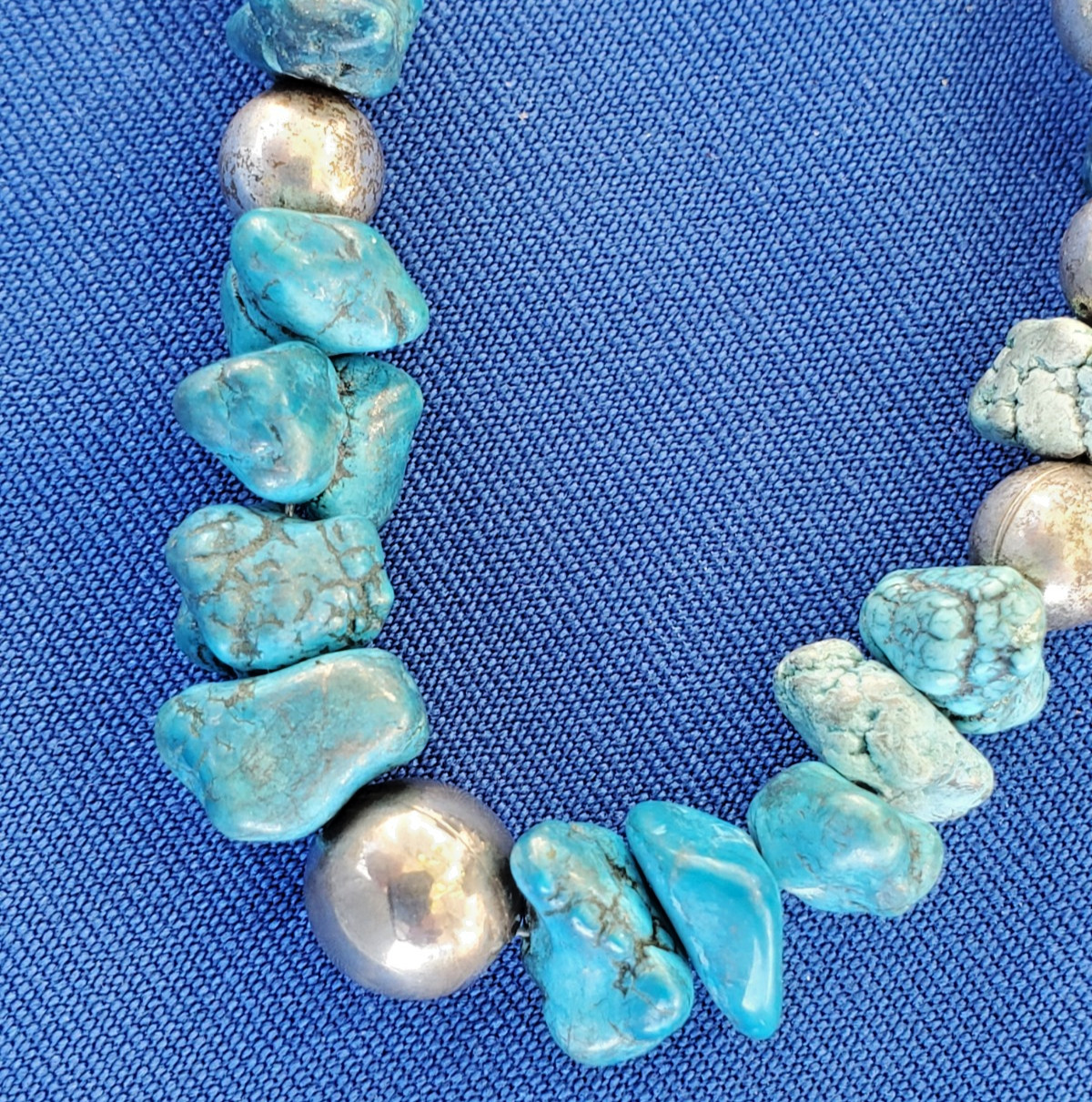 Original NATIVE VINTAGE NAVAJO TURQUOISE STERLING SILVER Beads NECKLACE 21″ INCH