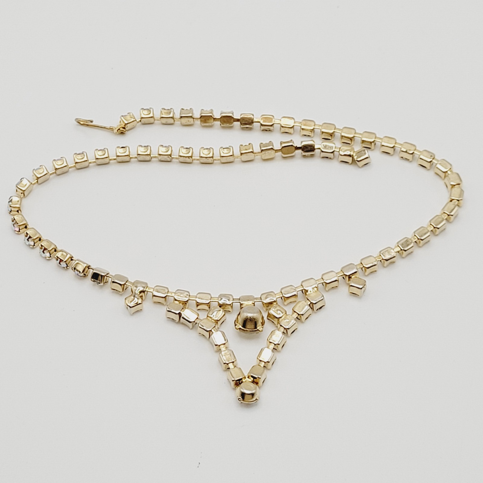 Swag or V Style Drop Choker AB Rhinestone Necklace Gold Tone Vintage 15 inch