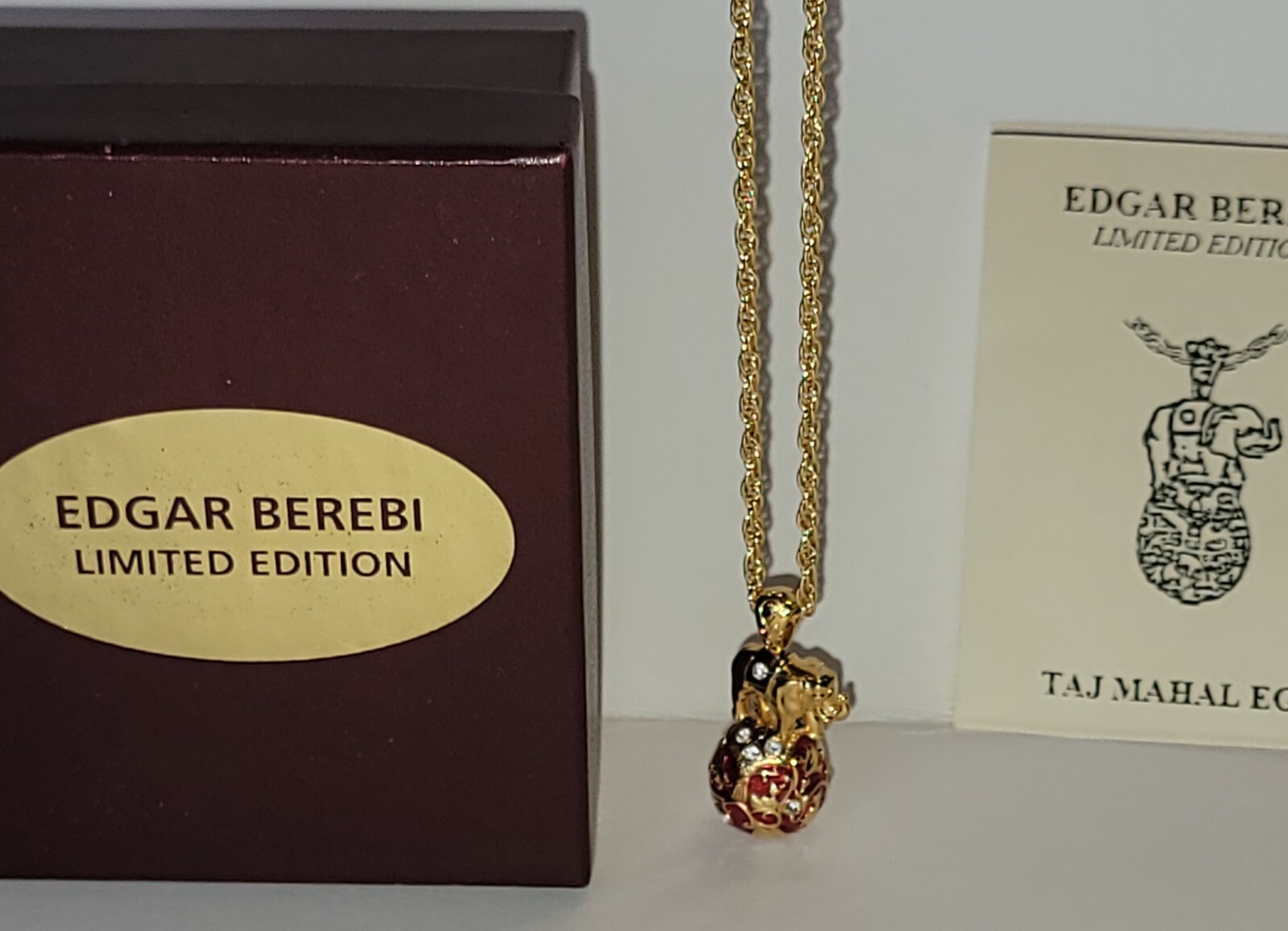 Vtg Edgar Berebi Taj Mahal Egg Necklace Pendant Gold Tone Enamel Rhinestone