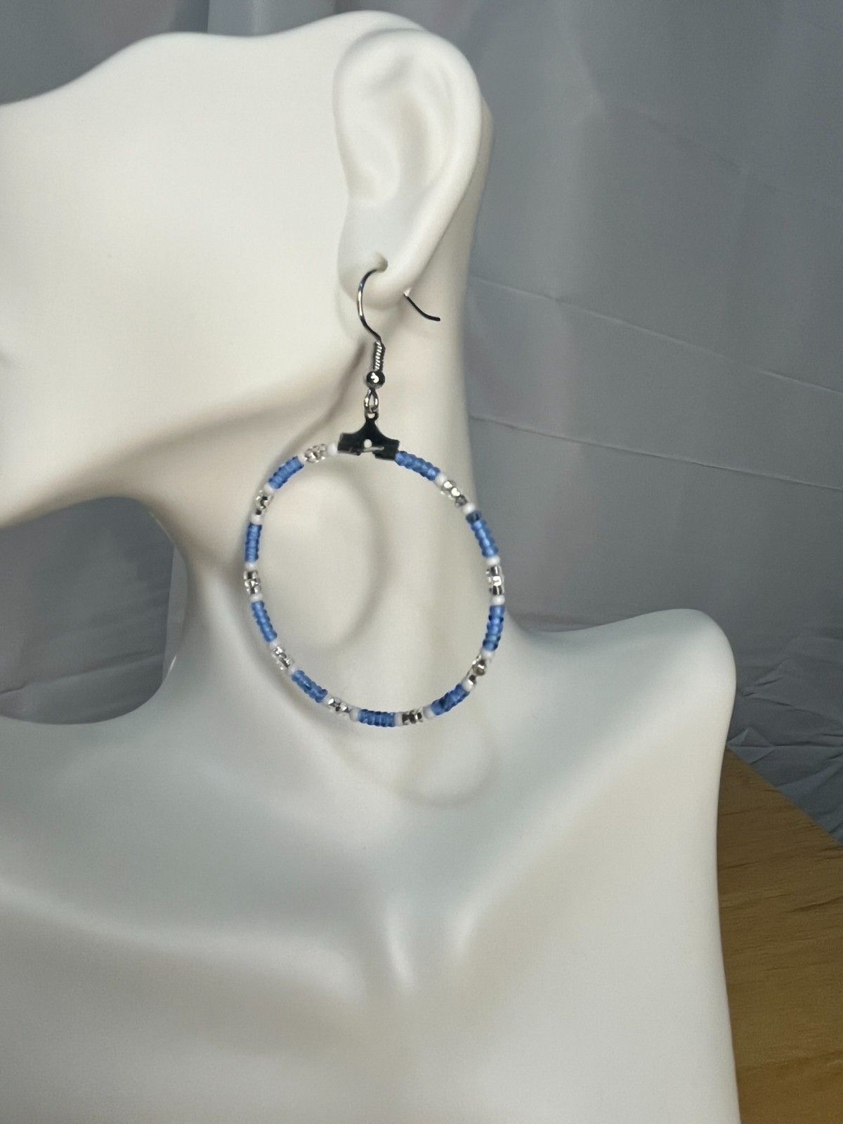Handmade Beaded Earrings – Blue White Silver hoops