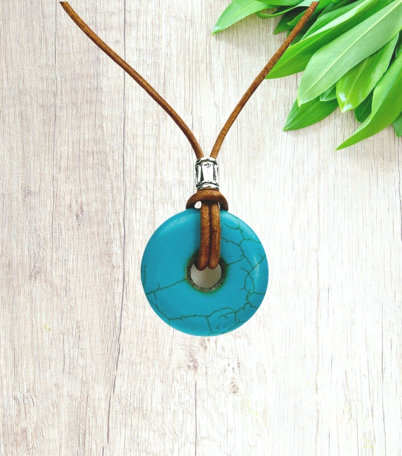 Crackle Turquoise Donut Necklace 30mm Brown Leather Cord Stainless Steel Clasp