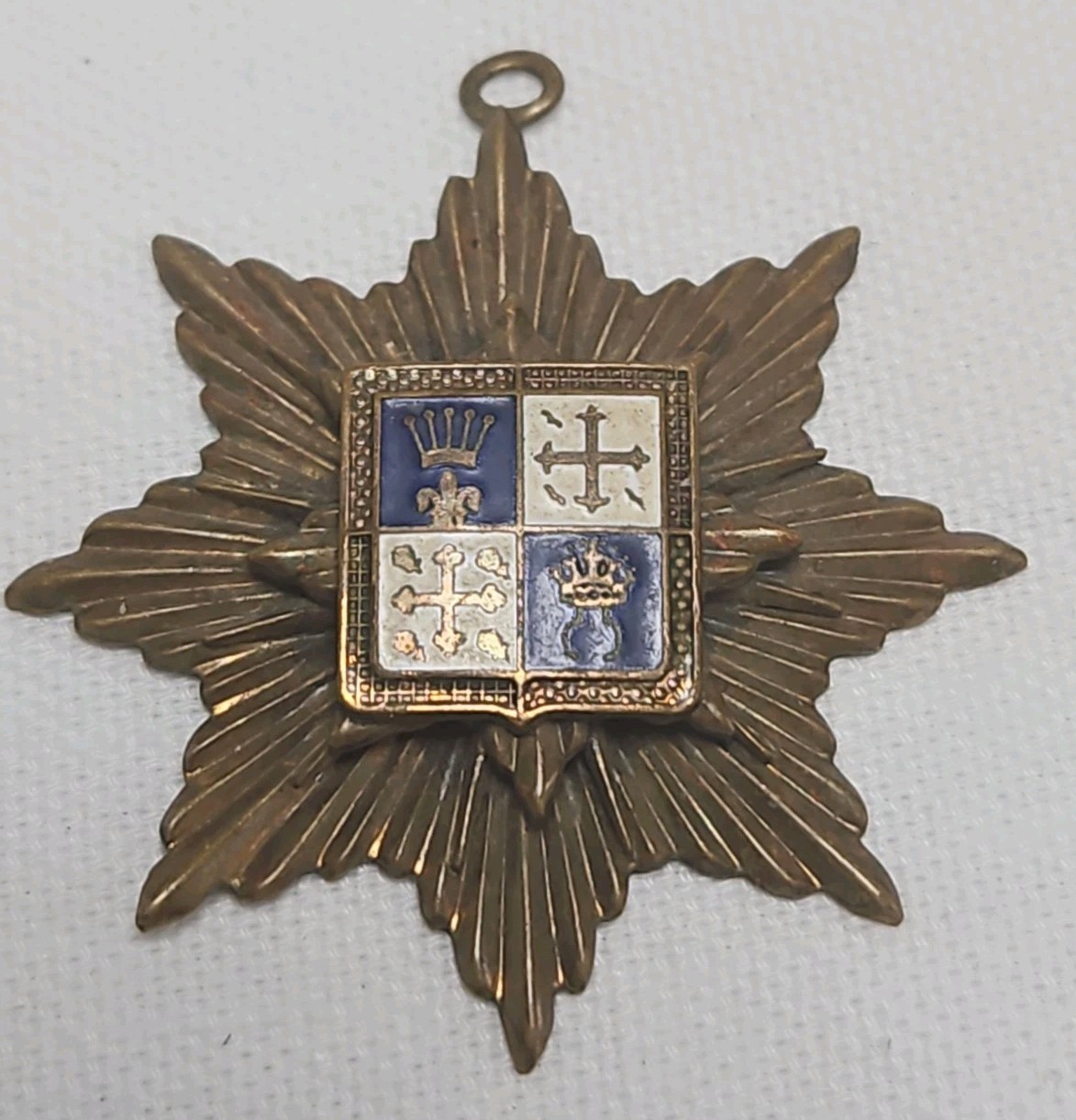 Coat of Arms France 8 Pointed Star Brass Blue and White Enamel Pendant