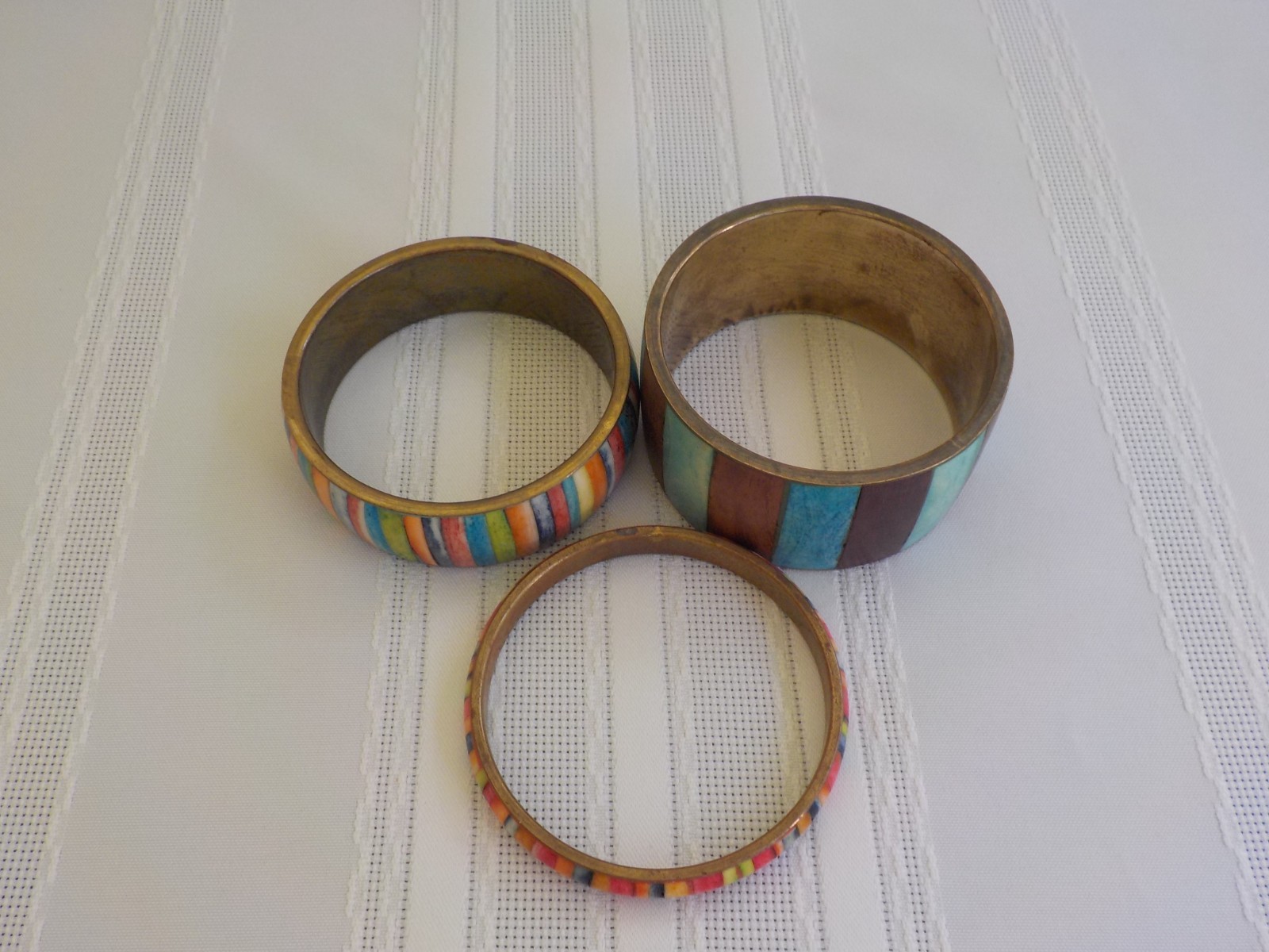 Wood & Dyed Unknown Bangle Bracelet Total 3 Metal Striped Multi Color Variety