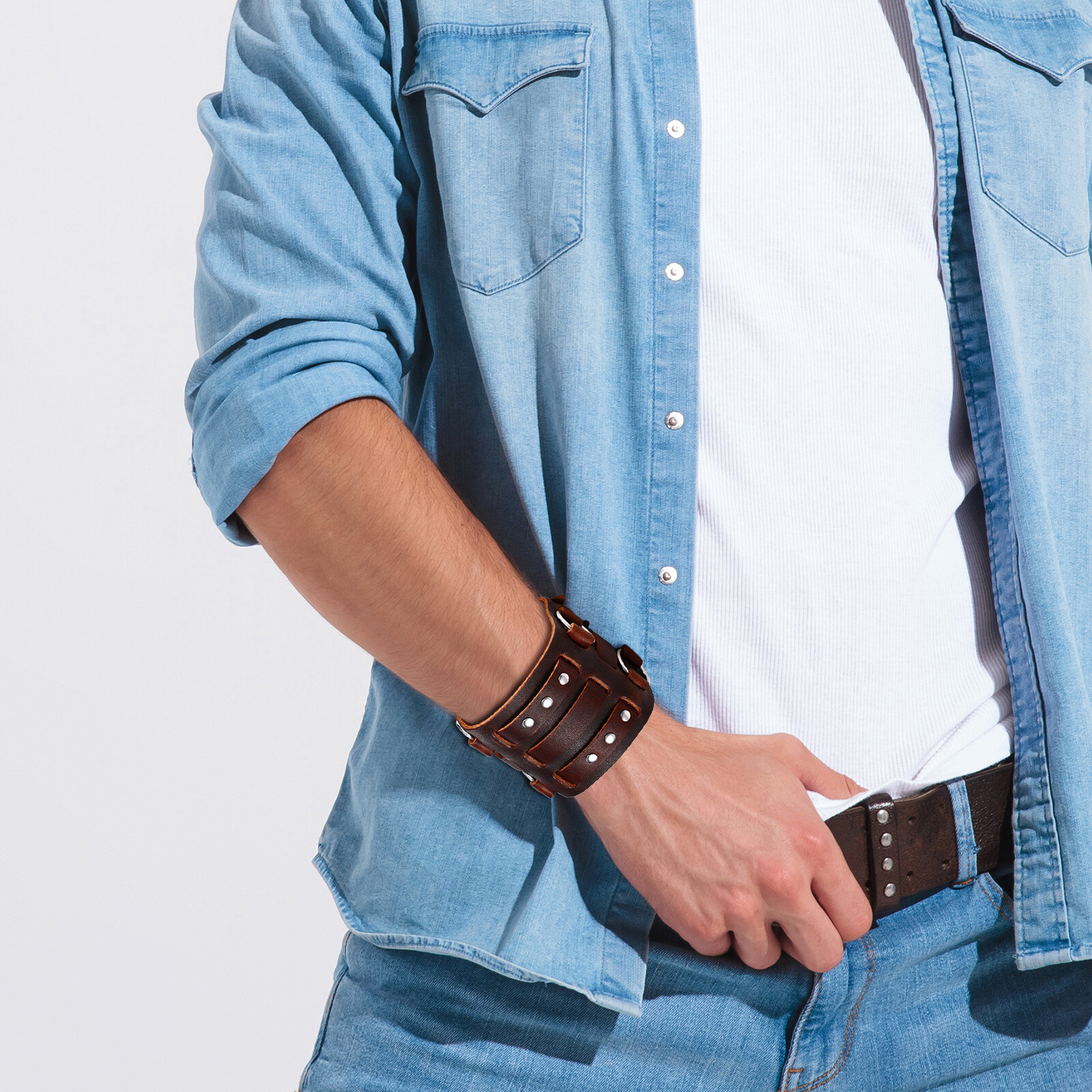 Mens Punk Wide Braided PU Leather Bangle Wrap Bracelet Adjustable Cuff Wristband