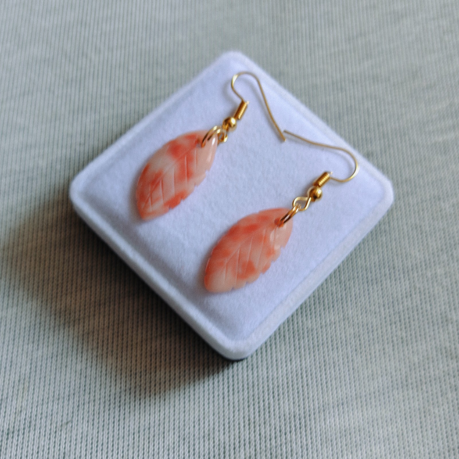 Natural Japanese Pink Coral Leaf Carving Brass Earrings Handmade Jewelry