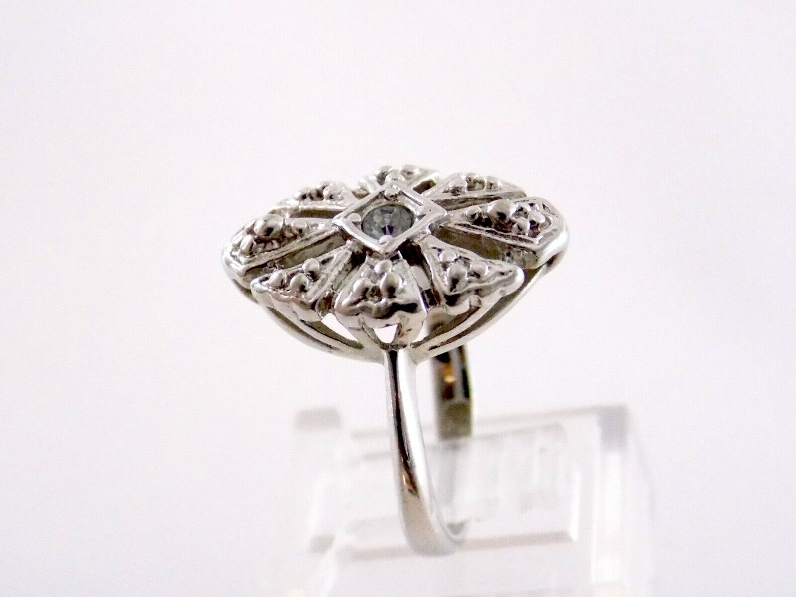 AVON Silvertone Metal and White Cubic Zirconia Ring Size 6 Round CZ Gems 3.8g